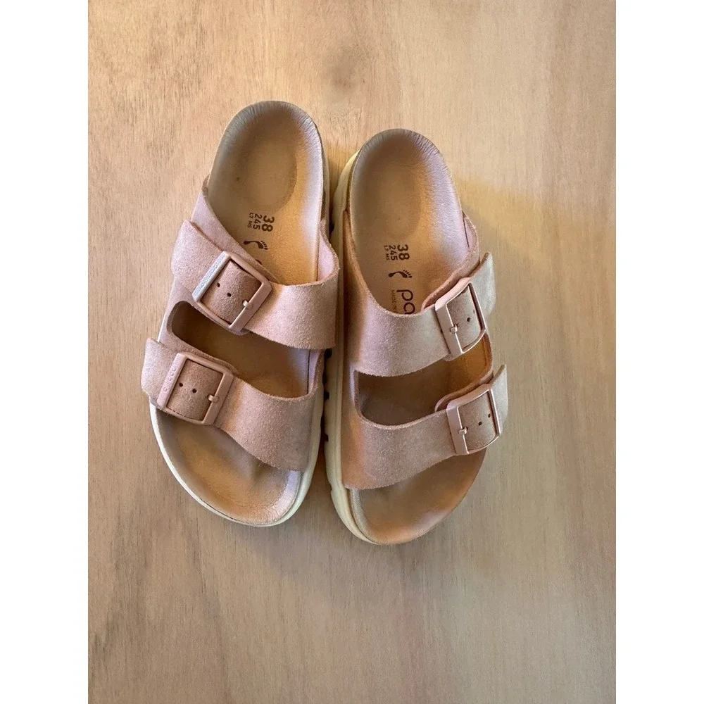 Papillio Birkenstock Arizona Sandals Women 38 Pink Suede Platform Lug Sole Slide